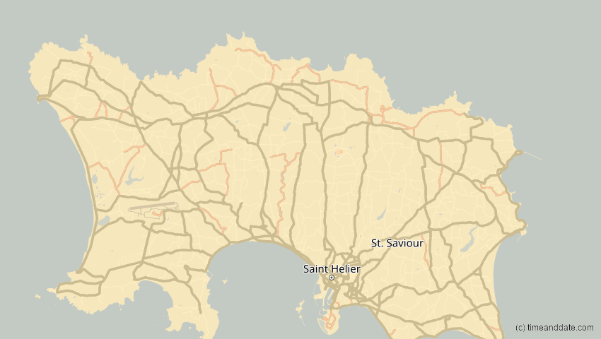 A map of Jersey, United Kingdom, showing the path of the 2025年3月29日 (土) Partial Solar Eclipse