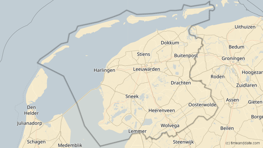 A map of Friesland, Netherlands, showing the path of the 2025年3月29日 (土) Partial Solar Eclipse