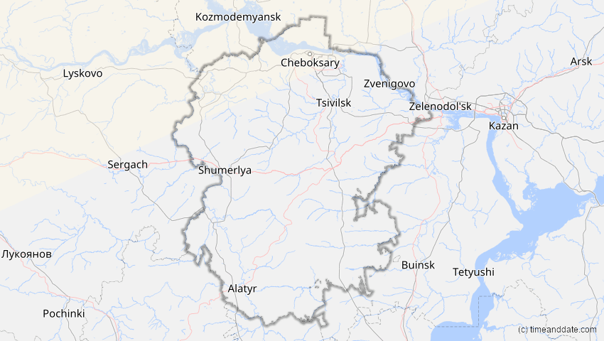 A map of Tschuwaschien, Russland, showing the path of the 29. Mär 2025 Partielle Sonnenfinsternis