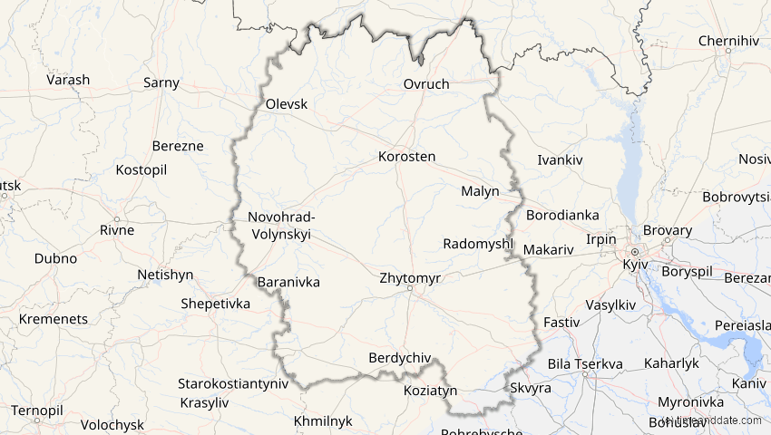 A map of Schytomyr, Ukraine, showing the path of the 29. Mär 2025 Partielle Sonnenfinsternis