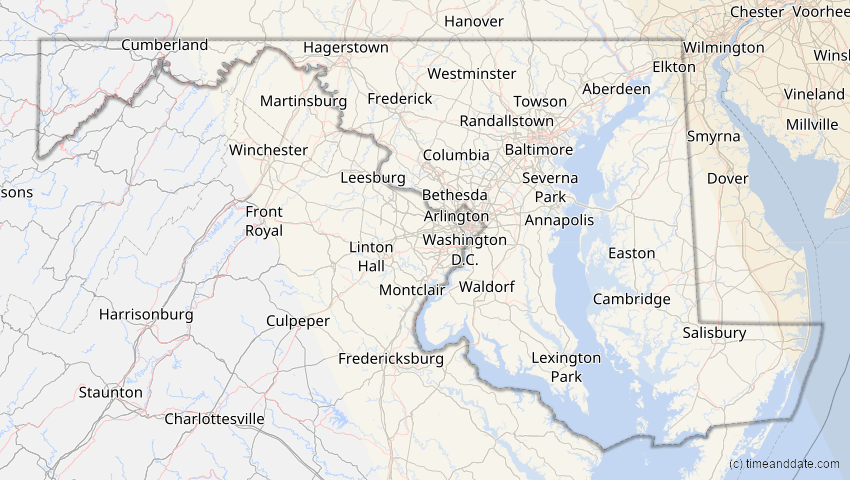 A map of Maryland, United States, showing the path of the Mar 29, 2025 Partial Solar Eclipse