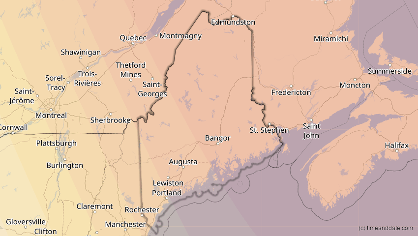 A map of Maine, United States, showing the path of the Mar 29, 2025 Partial Solar Eclipse