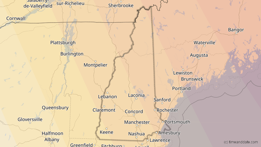 A map of New Hampshire, United States, showing the path of the Mar 29, 2025 Partial Solar Eclipse