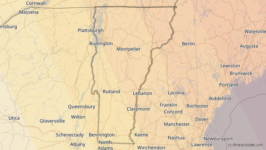 A map of Vermont, USA, showing the path of the 29. Mär 2025 Partielle Sonnenfinsternis