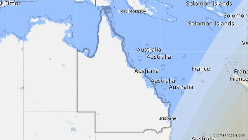 A map of Queensland, Australien, showing the path of the 22. Sep 2025 Partielle Sonnenfinsternis