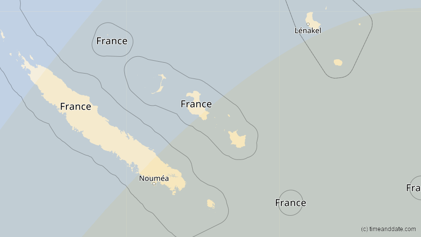 A map of New Caledonia, France, showing the path of the 2025年9月22日 (月) Partial Solar Eclipse