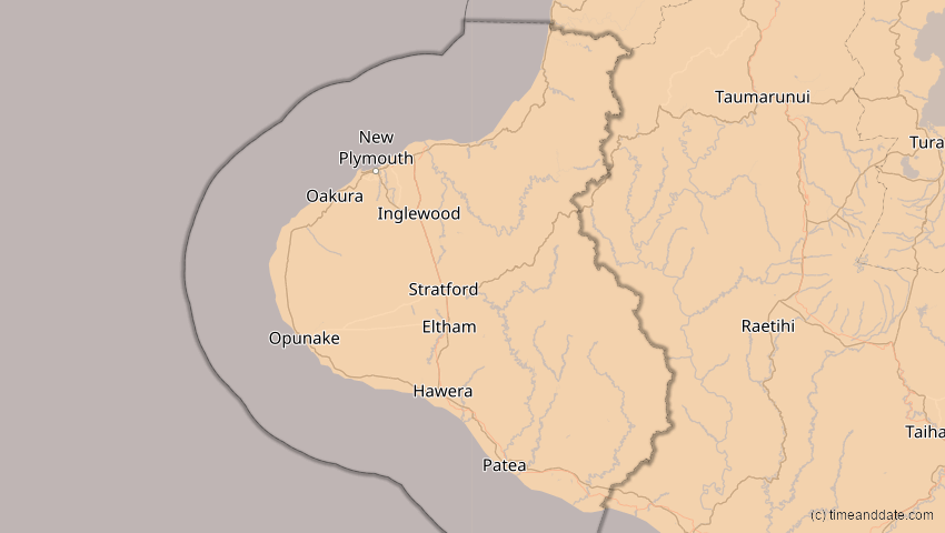 A map of Taranaki, Neuseeland, showing the path of the 22. Sep 2025 Partielle Sonnenfinsternis