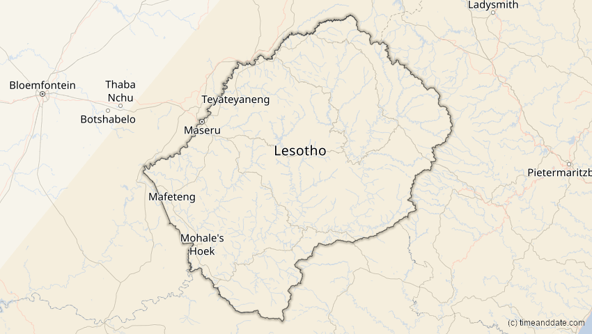 A map of Lesotho, showing the path of the 17. Feb 2026 Ringförmige Sonnenfinsternis