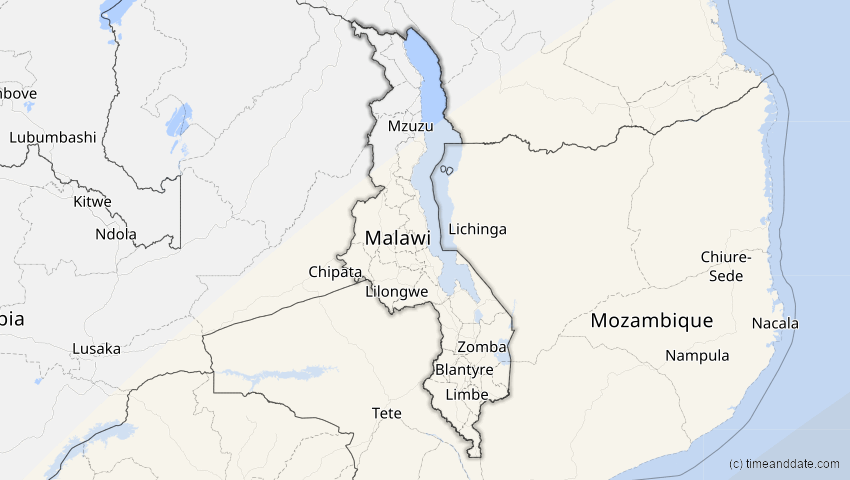 A map of Malawi, showing the path of the 17. Feb 2026 Ringförmige Sonnenfinsternis