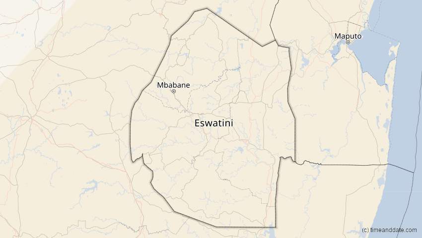 A map of Eswatini, showing the path of the 17. Feb 2026 Ringförmige Sonnenfinsternis