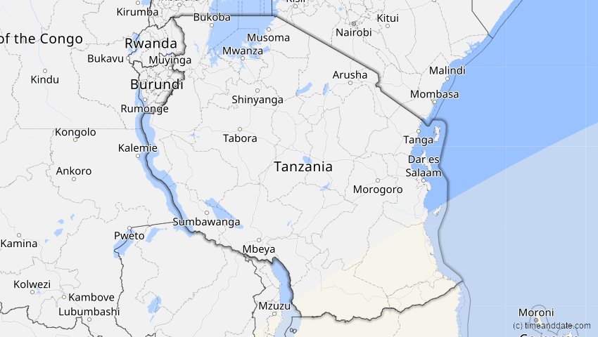 A map of Tanzania, showing the path of the Feb 17, 2026 Annular Solar Eclipse