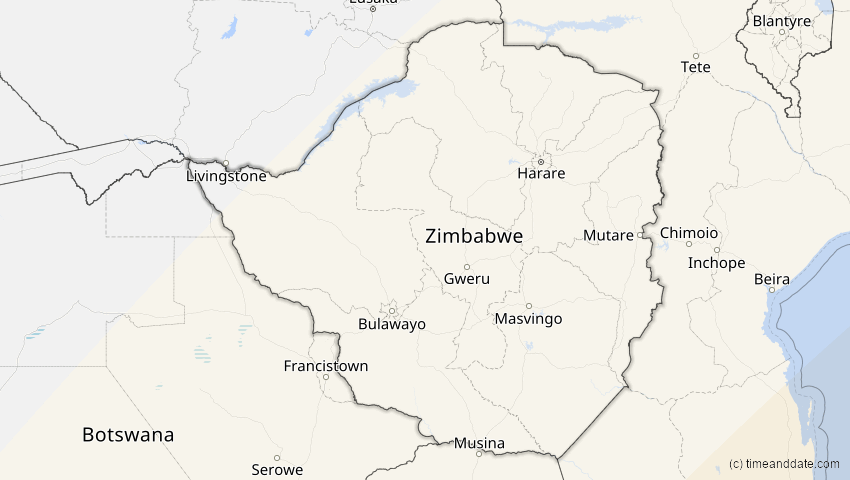 A map of Zimbabwe, showing the path of the Feb 17, 2026 Annular Solar Eclipse