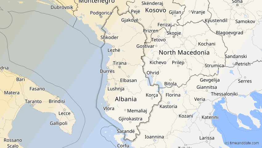A map of Albania, showing the path of the Aug 12, 2026 Total Solar Eclipse