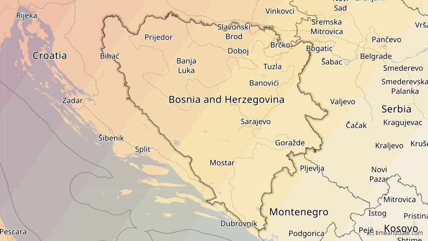 A map of Bosnia and Herzegovina, showing the path of the Aug 12, 2026 Total Solar Eclipse