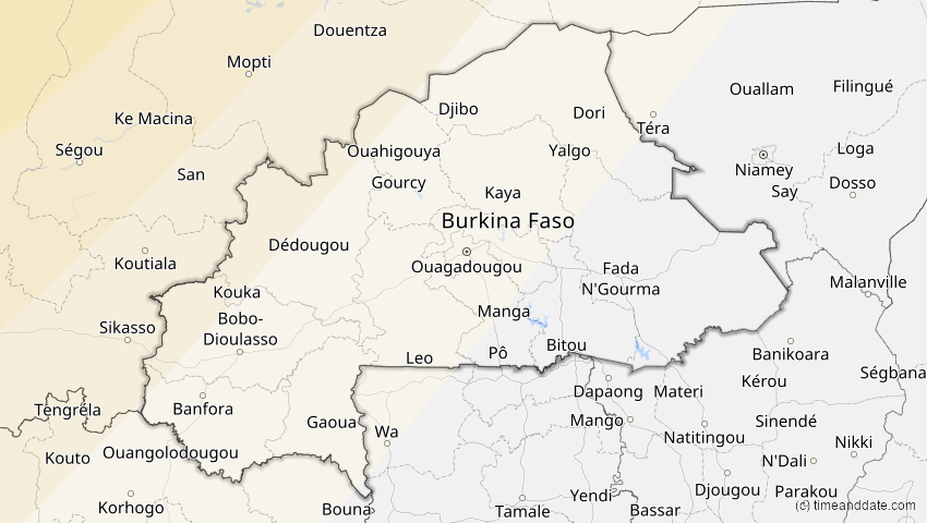 A map of Burkina Faso, showing the path of the 12. Aug 2026 Totale Sonnenfinsternis