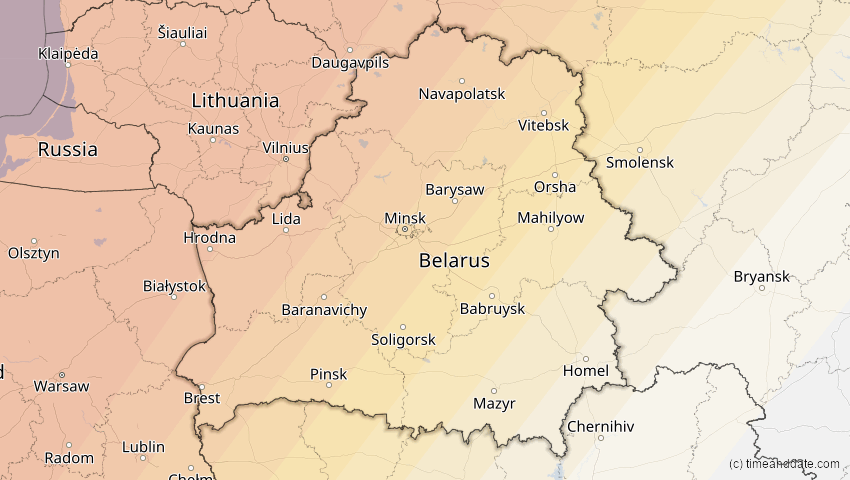 A map of Belarus, showing the path of the Aug 12, 2026 Total Solar Eclipse