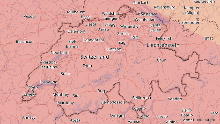 A map of Switzerland, showing the path of the Aug 12, 2026 Total Solar Eclipse