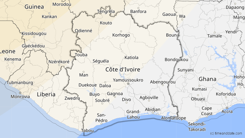 A map of Cote d'Ivoire, showing the path of the Aug 12, 2026 Total Solar Eclipse
