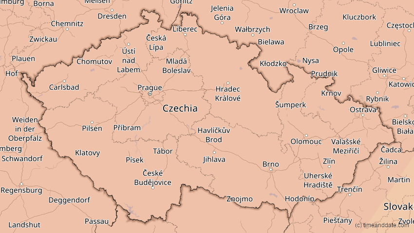 A map of Czechia, showing the path of the Aug 12, 2026 Total Solar Eclipse