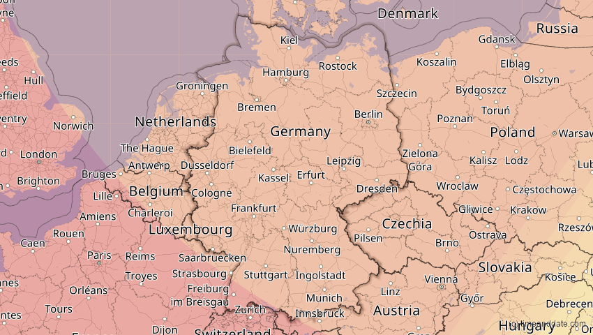 A map of Deutschland, showing the path of the 12. Aug 2026 Totale Sonnenfinsternis