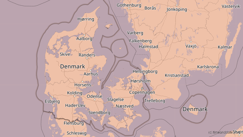 A map of Dänemark, showing the path of the 12. Aug 2026 Totale Sonnenfinsternis