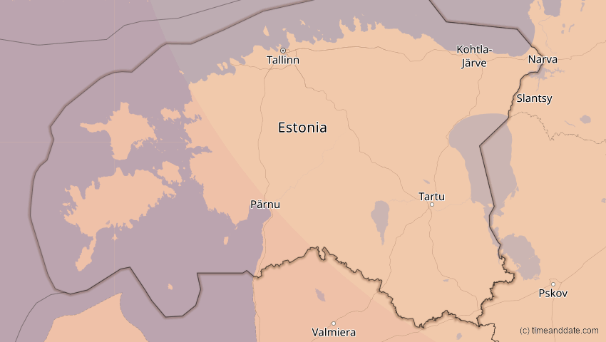 A map of Estonia, showing the path of the Aug 12, 2026 Total Solar Eclipse
