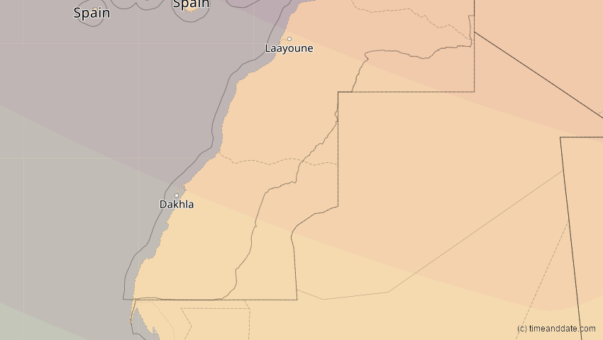 A map of Western Sahara, showing the path of the Aug 12, 2026 Total Solar Eclipse