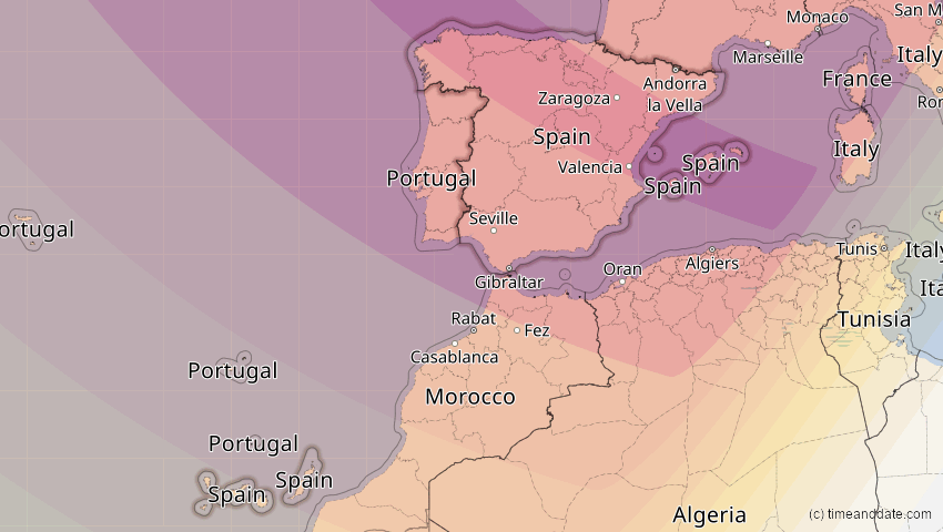 A map of Spain, showing the path of the Aug 12, 2026 Total Solar Eclipse