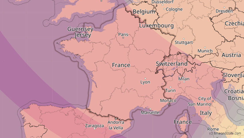 A map of Frankreich, showing the path of the 12. Aug 2026 Totale Sonnenfinsternis