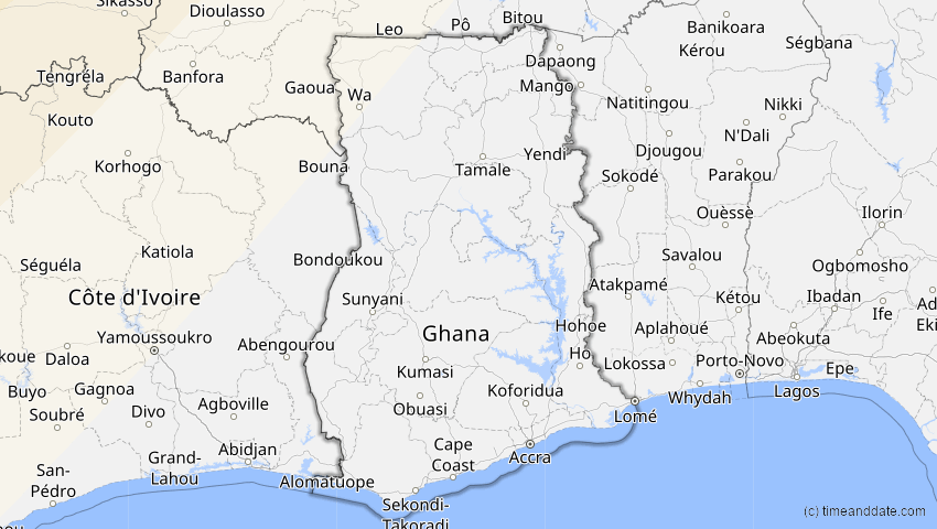A map of Ghana, showing the path of the 12. Aug 2026 Totale Sonnenfinsternis