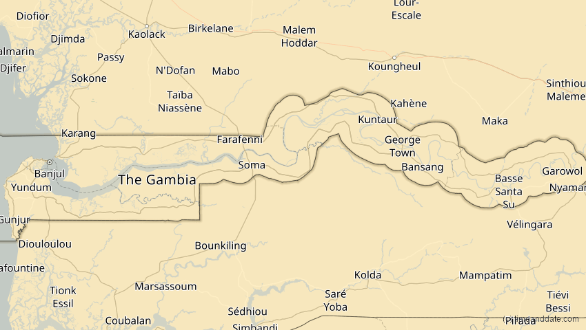 A map of Gambia, showing the path of the 12. Aug 2026 Totale Sonnenfinsternis