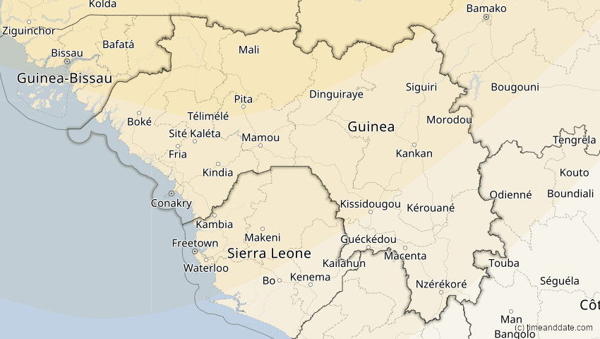 A map of Guinea, showing the path of the Aug 12, 2026 Total Solar Eclipse