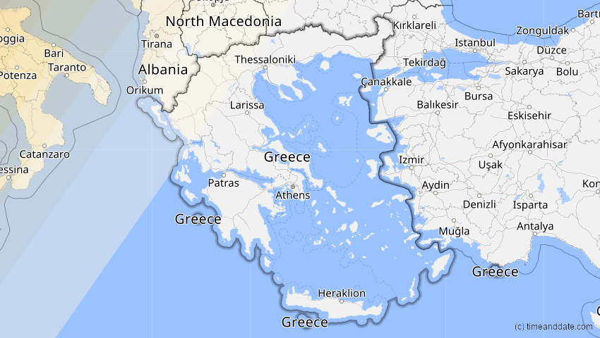 A map of Greece, showing the path of the Aug 12, 2026 Total Solar Eclipse