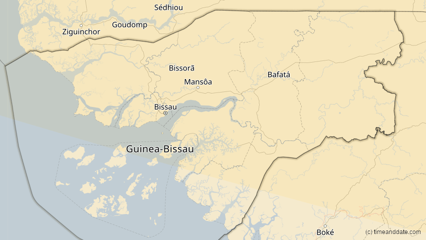 A map of Guinea-Bissau, showing the path of the Aug 12, 2026 Total Solar Eclipse