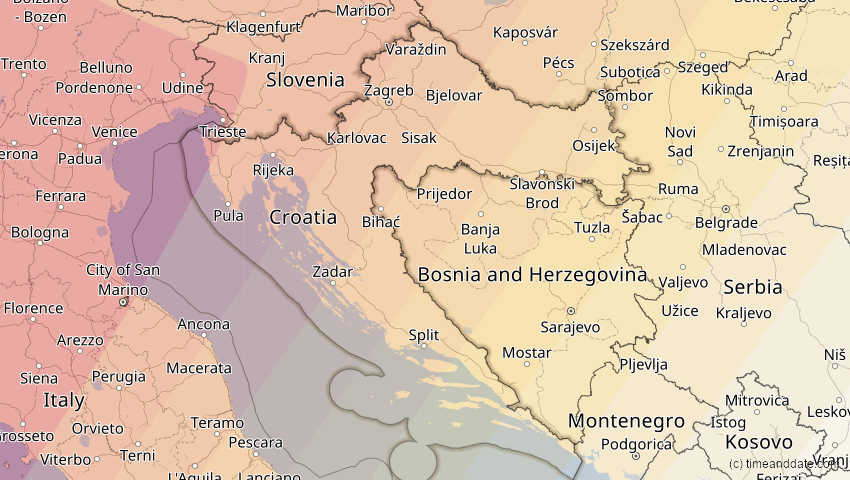 A map of Croatia, showing the path of the Aug 12, 2026 Total Solar Eclipse