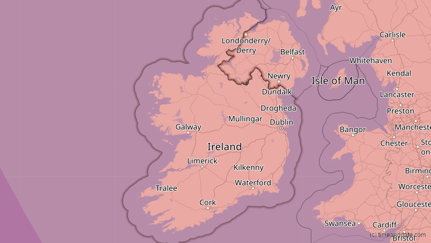 A map of Irland, showing the path of the 12. Aug 2026 Totale Sonnenfinsternis