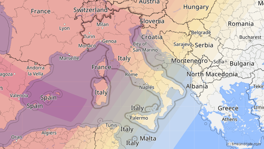 A map of Italy, showing the path of the Aug 12, 2026 Total Solar Eclipse