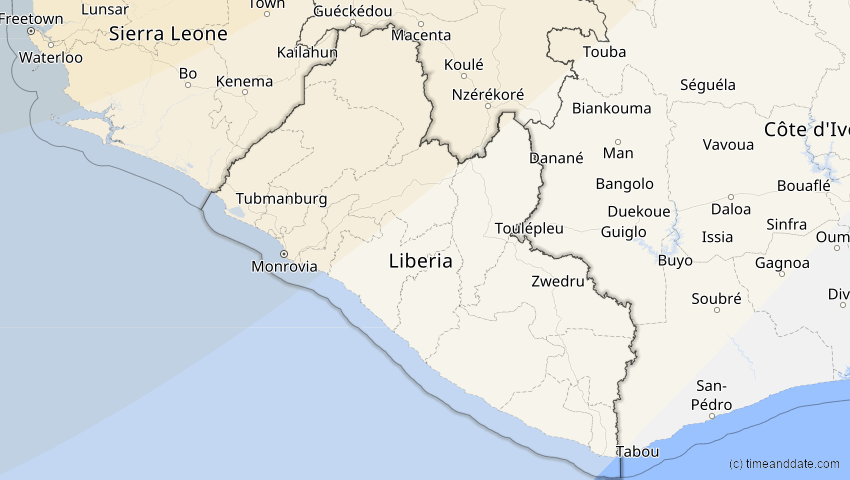 A map of Liberia, showing the path of the 12. Aug 2026 Totale Sonnenfinsternis