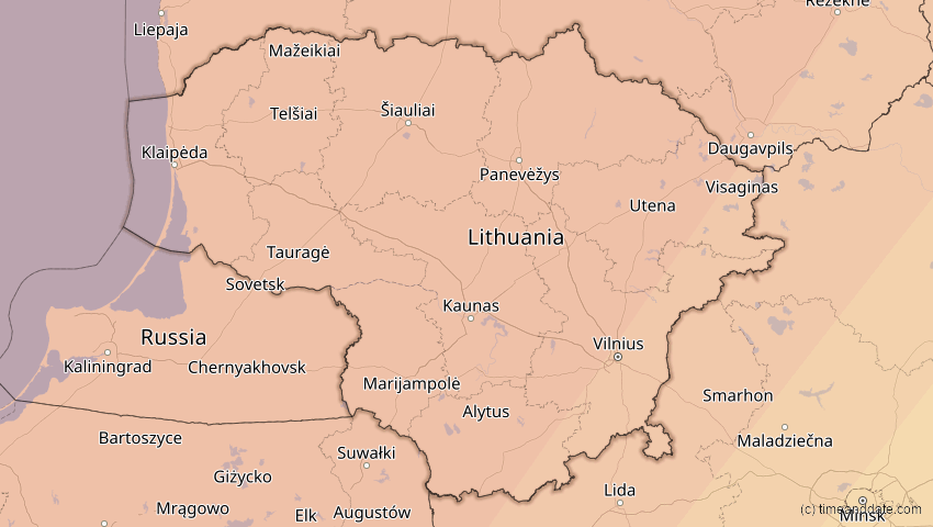 A map of Lithuania, showing the path of the Aug 12, 2026 Total Solar Eclipse