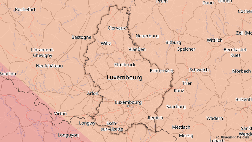 A map of Luxemburg, showing the path of the 12. Aug 2026 Totale Sonnenfinsternis