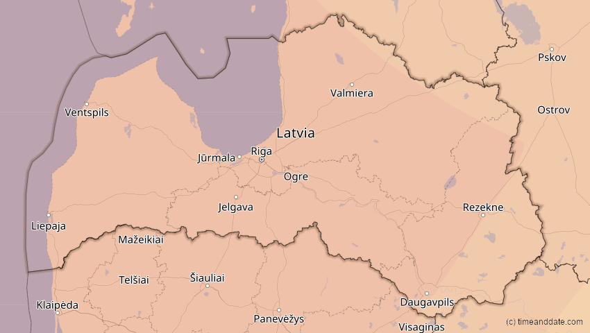A map of Latvia, showing the path of the Aug 12, 2026 Total Solar Eclipse