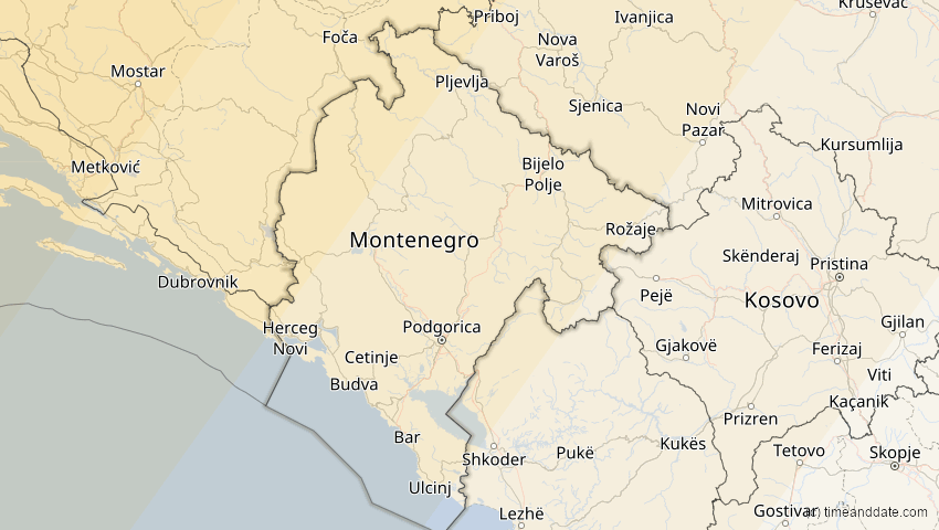 A map of Montenegro, showing the path of the Aug 12, 2026 Total Solar Eclipse