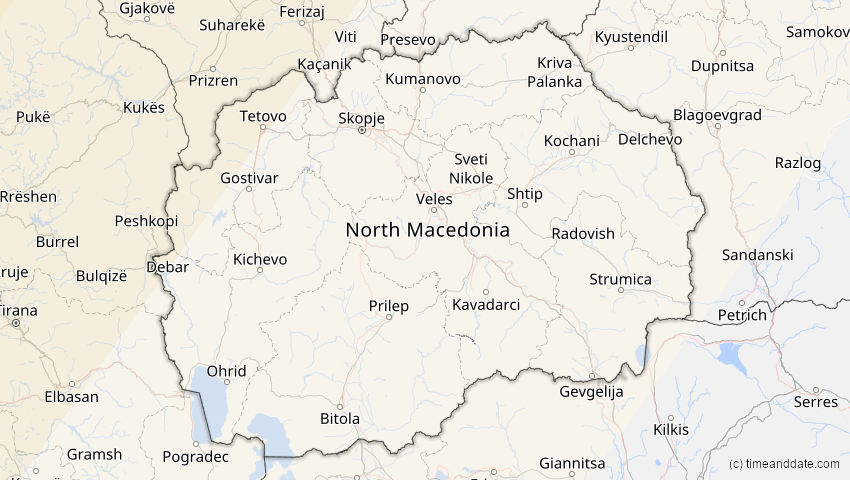 A map of North Macedonia, showing the path of the Aug 12, 2026 Total Solar Eclipse