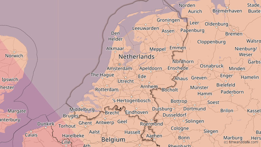 A map of Netherlands, showing the path of the Aug 12, 2026 Total Solar Eclipse