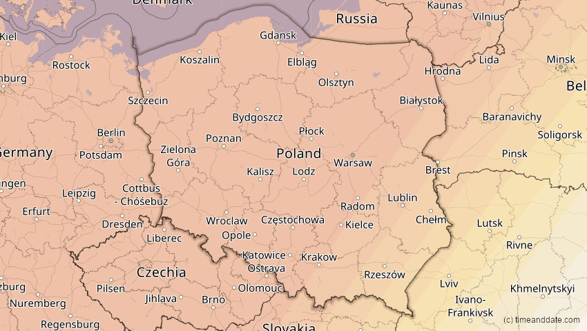 A map of Poland, showing the path of the Aug 12, 2026 Total Solar Eclipse
