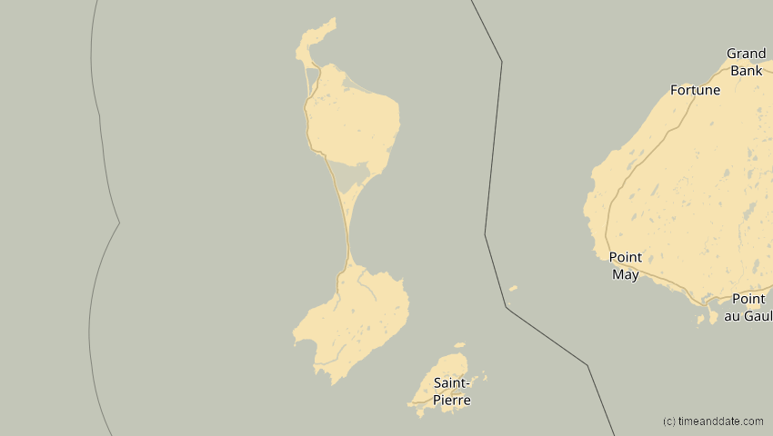 A map of Saint Pierre and Miquelon, showing the path of the Aug 12, 2026 Total Solar Eclipse