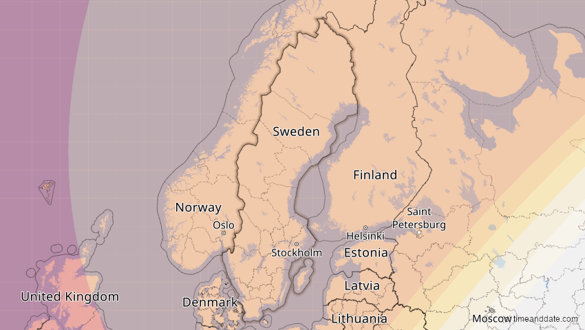 A map of Schweden, showing the path of the 12. Aug 2026 Totale Sonnenfinsternis