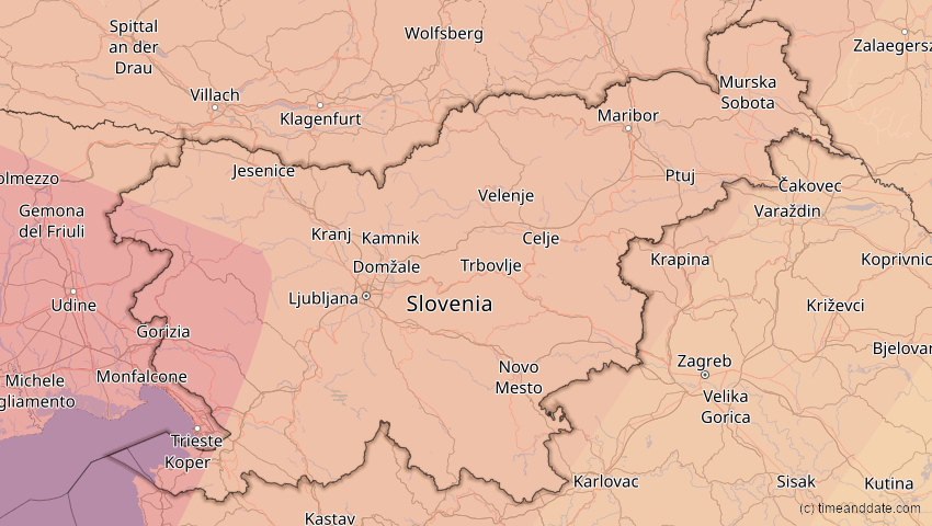 A map of Slovenia, showing the path of the Aug 12, 2026 Total Solar Eclipse