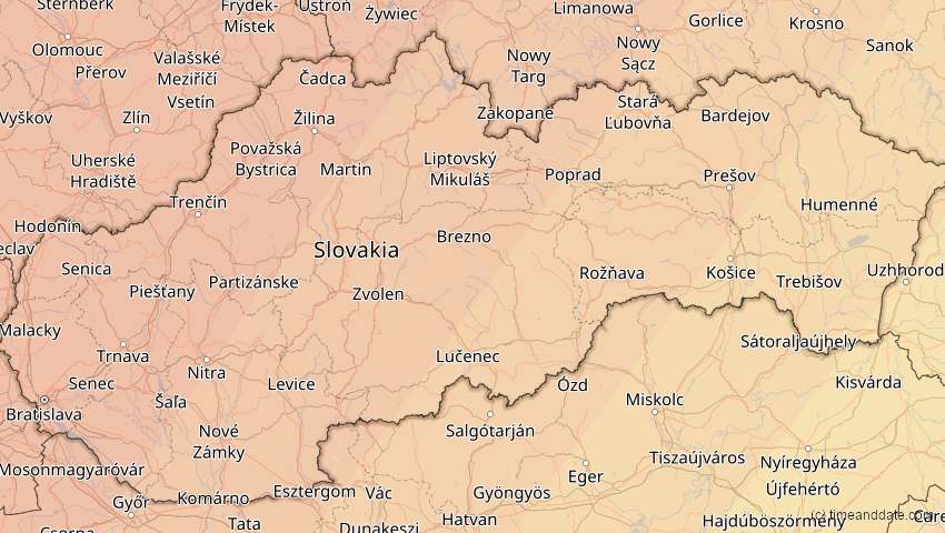 A map of Slovakia, showing the path of the Aug 12, 2026 Total Solar Eclipse