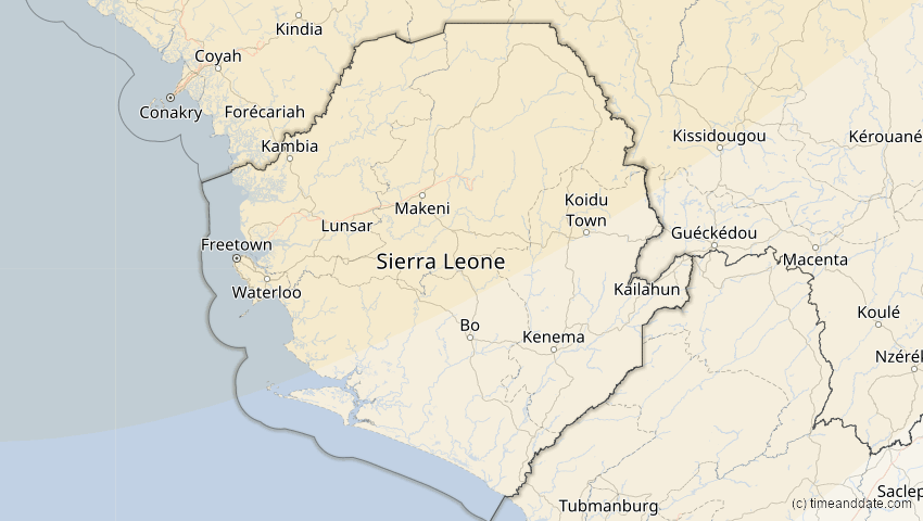 A map of Sierra Leone, showing the path of the Aug 12, 2026 Total Solar Eclipse